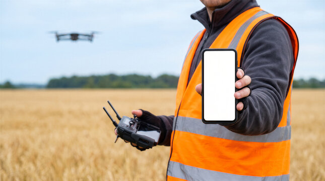 Farmer holding a smartphone with a blank screen in a wheat field with a drone flying in the background