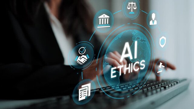 Conceptual Illustration Showcasing AI Ethics with Icons Representing Law, Governance, and Responsibility in Technology Effectively Illustrated on a Laptop Background. Entropy.