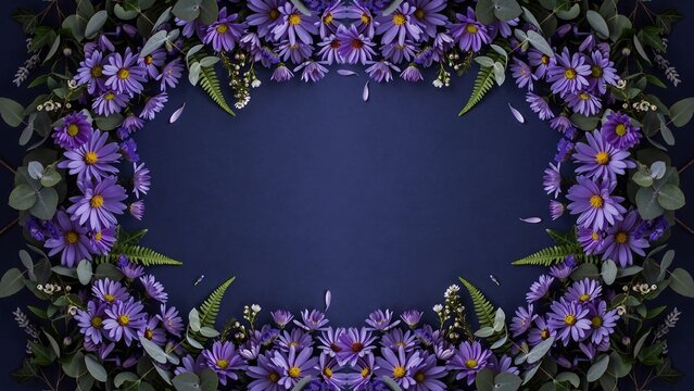 Circular frame of purple asters and green leaves on dark blue backdrop