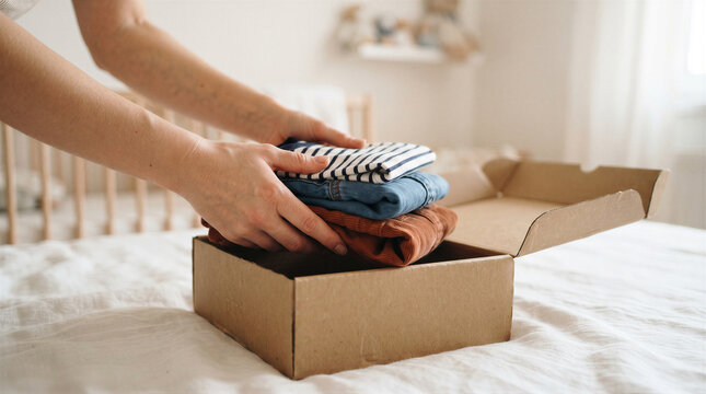 Person packing folded baby clothes into a cardboard box on a bed