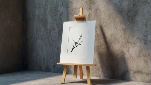 Minimalist easel with delicate botanical illustration displayed in natural lighting