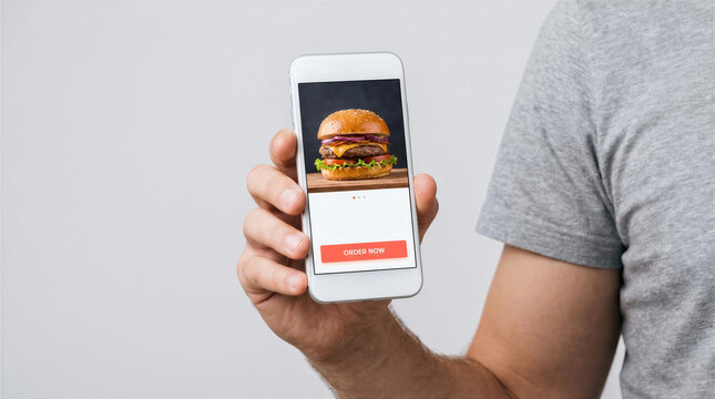 Closeup of a man holding a smartphone displaying a food delivery app with a delicious burger image and an order now button