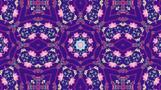 Symmetrical floral mandala pattern animation with kaleidoscopic motion on deep purple background