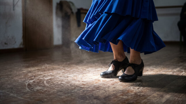 Flamenco dancer feet in black shoes performing on a wooden floor with dust particles in the light