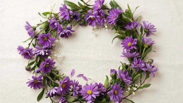 Purple flower wreath on a white lace doily texture background with purple asters