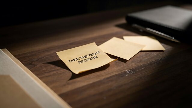 Sticky notes on a dark wooden office desk with a notebook and pen