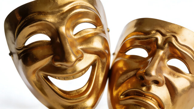 Golden comedy and tragedy theater masks side by side on white background
