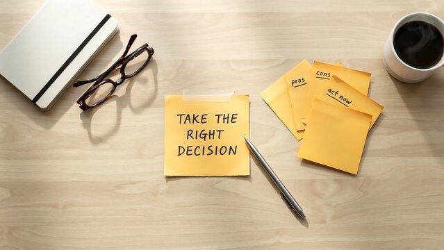 Yellow sticky notes with handwritten decision message on a wooden desk