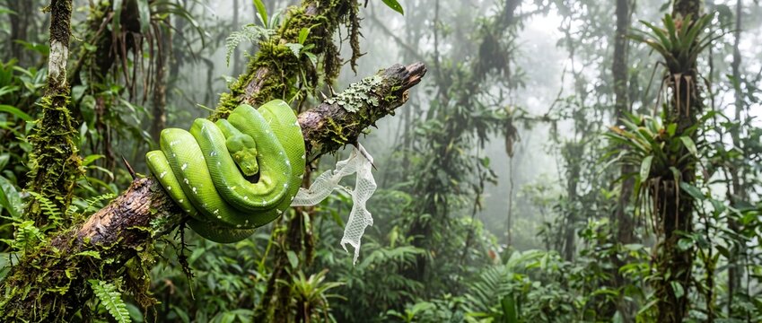 Bright green snake resting on a mossy branch while shedding its old skin in a lush tropical rainforest