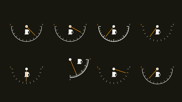 Beer fuel gauge icons set, creative alcohol level meter indicators on black background, 8 vector dashboard scales for brewery and bar marketing