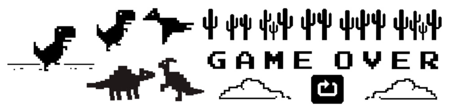 Dinosaur pixel game icon set.  Dinosaur game creating component. Dino pixel game. offline & online game creation. vector illustration. 