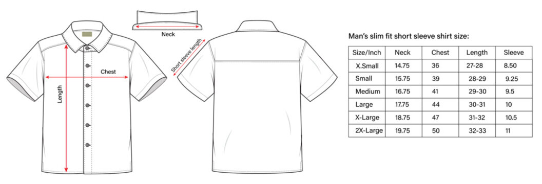 man's short sleeve shirt size measurement.  short sleeve shirt size chart. shirt vector template. slim fit shirt size chart. vector illustration. 