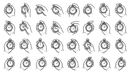 Fototapeta premium Large collection of black and white line art icons and symbols arranged in a grid layout.