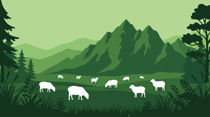 Obraz premium A serene landscape illustration featuring a flock of sheep grazing peacefully in a lush green meadow with rolling hills and majestic mountains in the background.