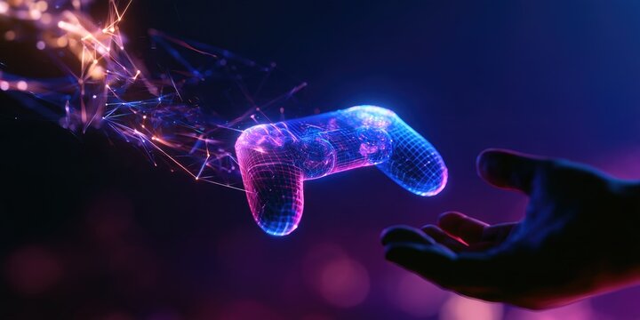 Digital game controller materializes from interconnected particles, reaching towards an open hand