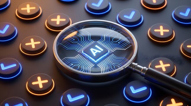Magnifying glass over glowing AI chip with circuit board pattern surrounded by glowing buttons with checkmarks and plus signs representing artificial intelligence and data analysis
