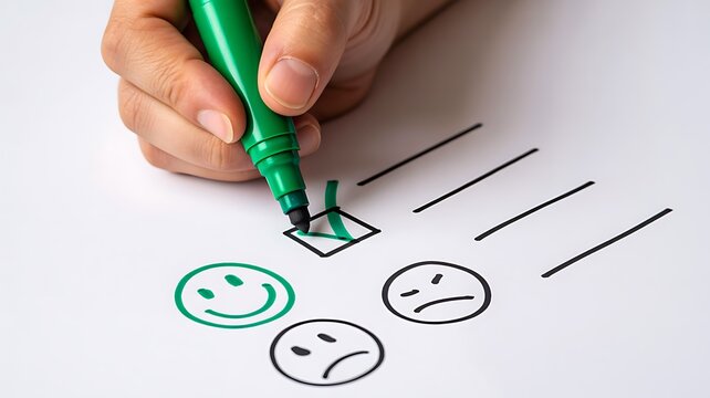 Hand selecting a positive rating on a customer satisfaction survey with smiley faces