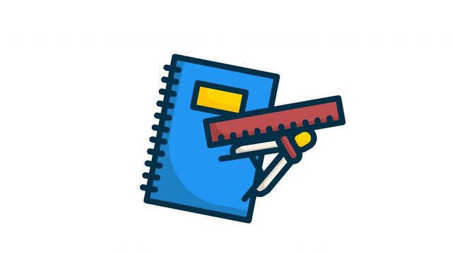 Animated math and geometry tools. Flat 2D motion graphic showing a blue notebook, red ruler, and drawing compass in a seamless loop on transparent background.