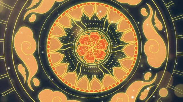 Ornate golden floral mandala with swirling cloud motifs on dark background, animated with subtle shimmer and particle glow
