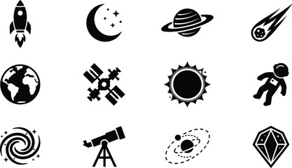 Space and Astronomy Silhouette Collection with Rocket, Moon, Saturn, Meteor, Earth, Satellite, Sun, Astronaut, Galaxy, Telescope, Orbit, and Diamond © Monju