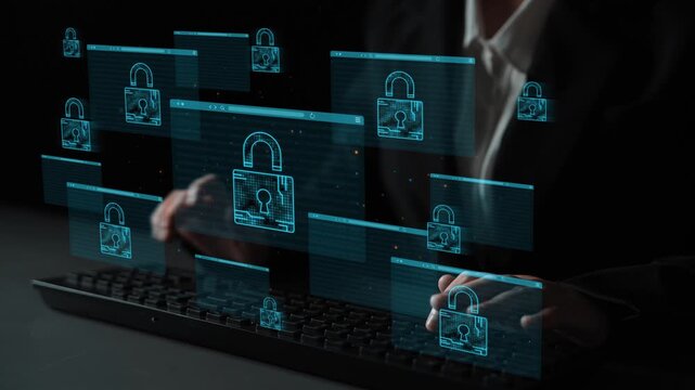 Concept of Cybersecurity with Digital Lock Icons and Person Typing on Keyboard in Dark Environment Representing Online Security Measures. Entropy.