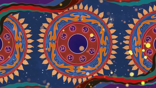 Ornate circular mandala pattern with zodiac symbols and cosmic starfield background, animated with floating particles and glowing accents