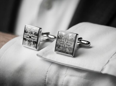 Pair of Engraved Silver Cufflinks on White Pocket Square