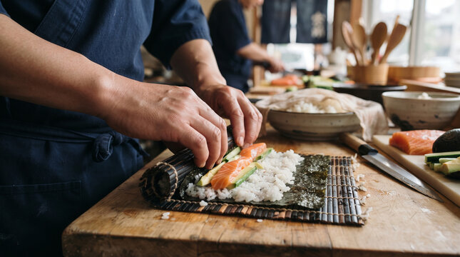 Chef hands preparing traditional japanese sushi rolls on wooden table, person making homemade asian dish salmon avocado rice.