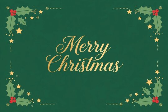 A festive greeting card design featuring elegant gold script text on a deep green background, Elegant Green Merry Christmas Card Design with Gold Star Frame 