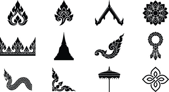 Thai Buddhist Ornamental Silhouette Collection with Naga Serpent, Lotus, Temple Motifs, Floral Patterns, Garuda Inspired Designs, and Decorative Elements