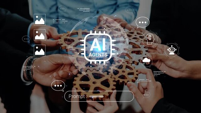 Collaborative Hands Holding AI Agents in Gear Design with Digital Icons and Technology Elements Symbolizing Innovation and Teamwork in a Modern Environment Gluon.