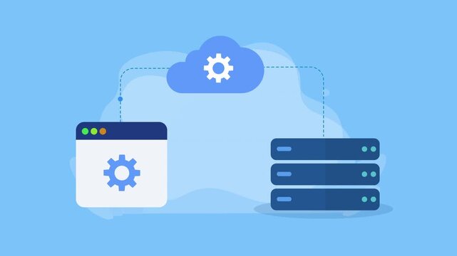 Flat vector animation showing cloud server configuration with a settings icon, web interface, and database server on a soft blue background.