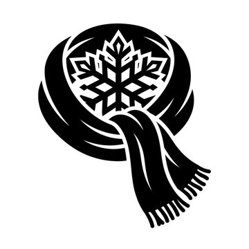 Black and white vector icon of a winter scarf wrapped around a snowflake