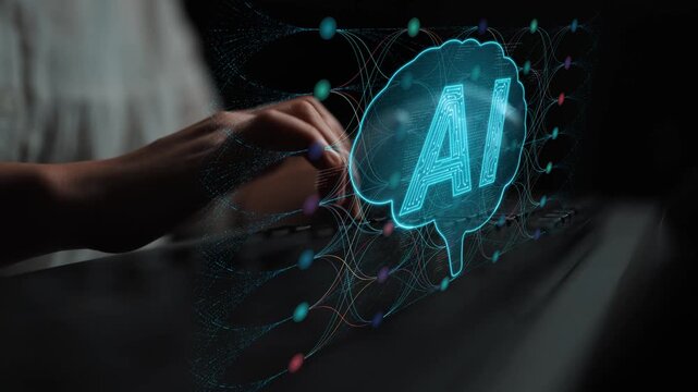 Person Hands Typing on a Keyboard with a Futuristic AI Brain Graphic Representing Artificial Intelligence Technology and Innovation in Digital Communication Sigmoid