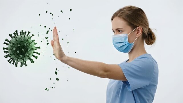 Female nurse in blue medical scrubs and protective face mask holding out her hand to stop and repel a green virus cell