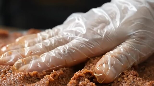 Extreme macro close-up shot of a hand wearing a plastic glove kneading and preparing traditional spicy bulgur meat paste for Cig Kofte, focusing on the texture and food preparation process.