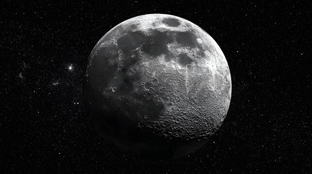 High resolution detailed full moon showing crater surface texture in starry outer space.