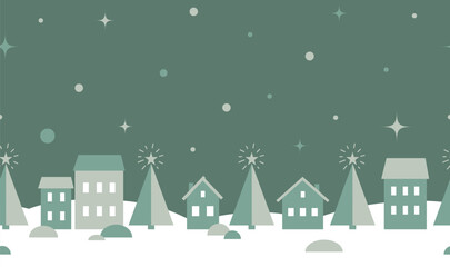 Obraz premium Christmas Abstract Seamless Border. Winter Village in Modern Geometric Style. Trendy Christmas Design. Holiday Greeting Card, Banner, Invitation Template. Vector Illustration in Green, White