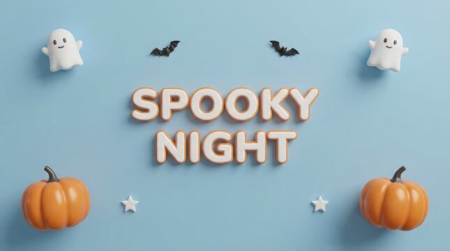Spooky halloween scene with pumpkins and ghost cookies