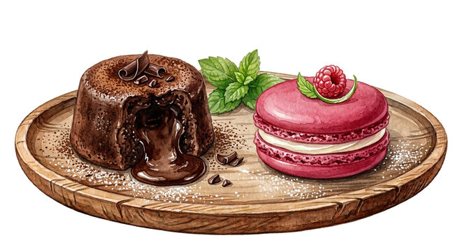 chocolate lava cake and a raspberry macaron on a wooden board
