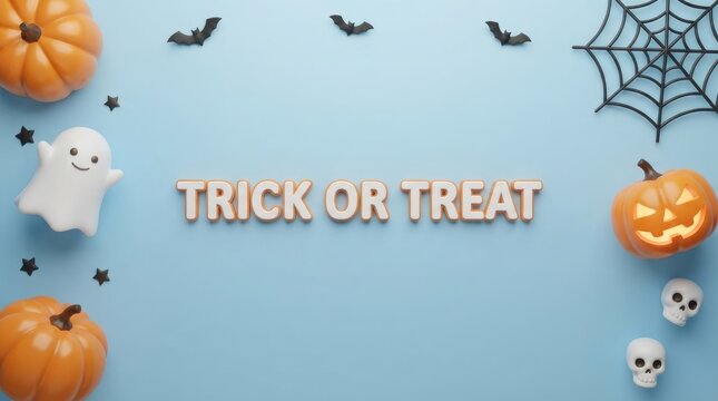Halloween trick or treat flat illustration with pumpkins and ghost