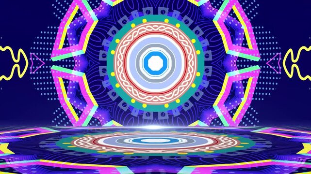 Symmetrical neon mandala animation with pulsing geometric patterns and floating shapes on dark background