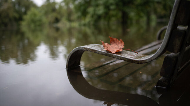 A single fallen autumn leaf resting on the arm of a park bench partially submerged in floodwater in a park