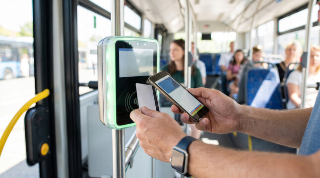 Closeup of a passenger using a smartphone and a transit card to pay for a bus ride on a public transport validator