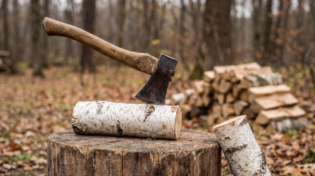 A sharp axe embedded in a birch log on a wooden stump with a pile of firewood in the background in a forest setting
