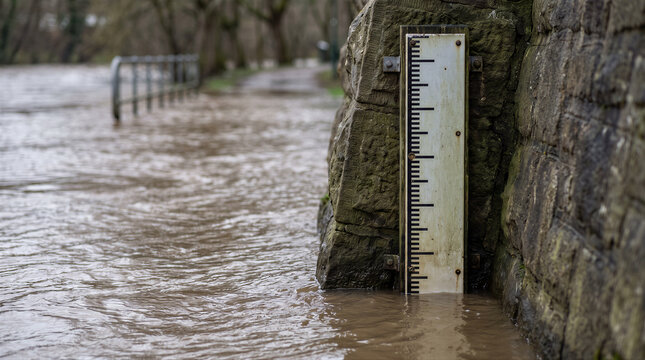 Flood water level gauge measuring high river levels on a stone wall during a period of heavy rainfall and flooding