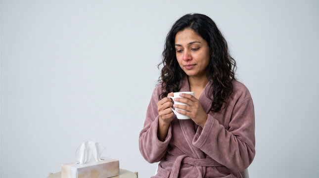 Sad woman in a bathrobe holding a mug of tea with a tissue box nearby