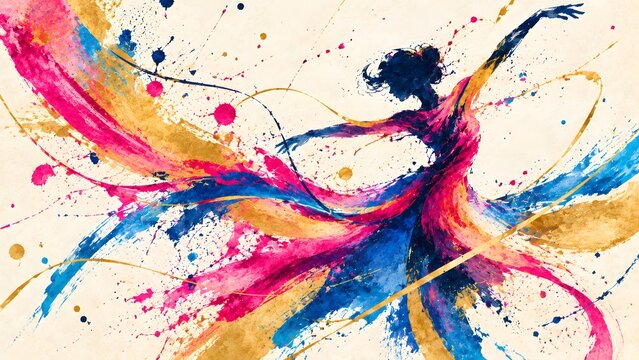 Watercolor painting depicts a dynamic female dancer in a flowing dress and expressive pose