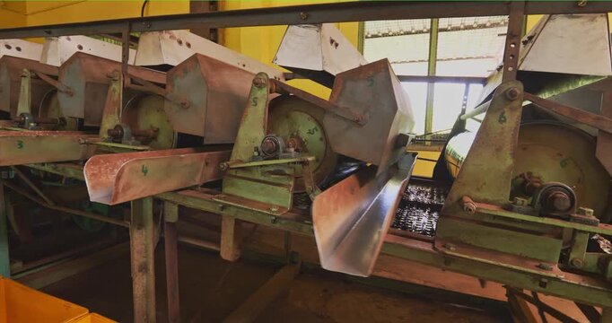 Numbered tea processing machines extend in a row as the camera moves along metal hoppers circular drums drive components and long discharge chutes inside the production room in a slow pan