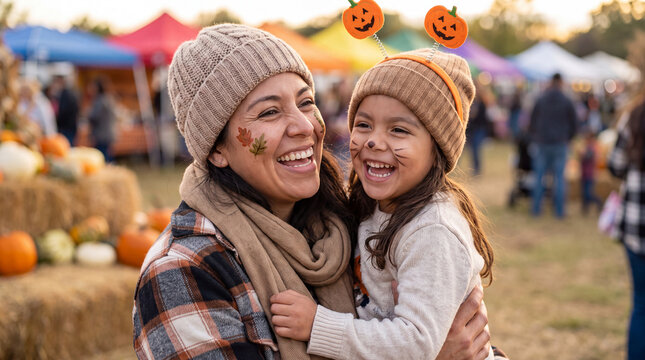 Happy Hispanic mother and daughter laughing at an autumn fall festival with face paint, ideal for seasonal celebration and family fun visuals.